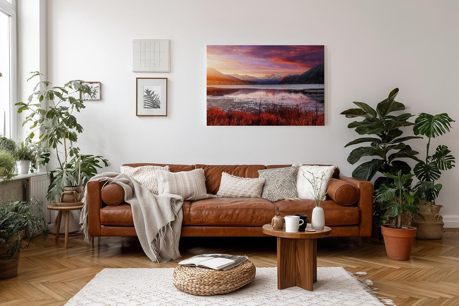 Sinus Art Wandbild 120x80cm See mit reflektierendem Himmel vor verschneiten Bergen – kontrastreich und lebendig