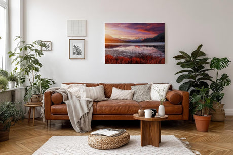 Sinus Art Wandbild 120x80cm See mit reflektierendem Himmel vor verschneiten Bergen – kontrastreich und lebendig