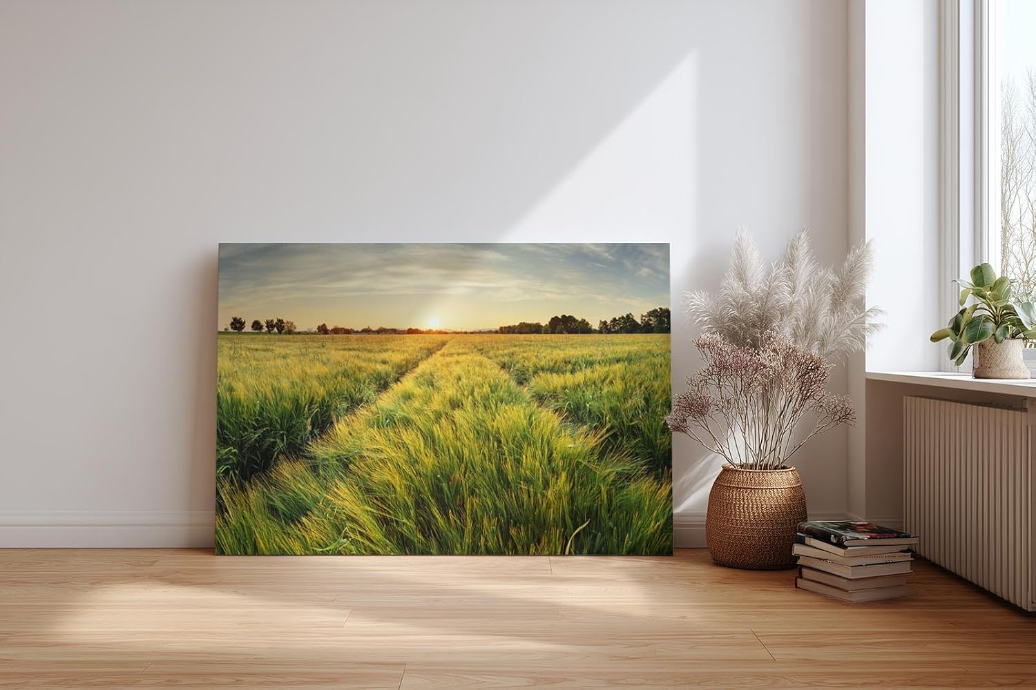 Sinus Art Wandbild 120x80cm Sonnenuntergang über einem weitläufigen Feld voller goldener Halme – friedlich und inspirierend