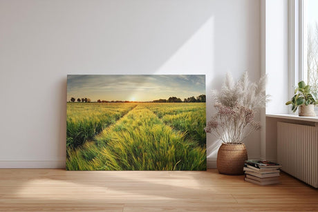 Sinus Art Wandbild 120x80cm Sonnenuntergang über einem weitläufigen Feld voller goldener Halme – friedlich und inspirierend