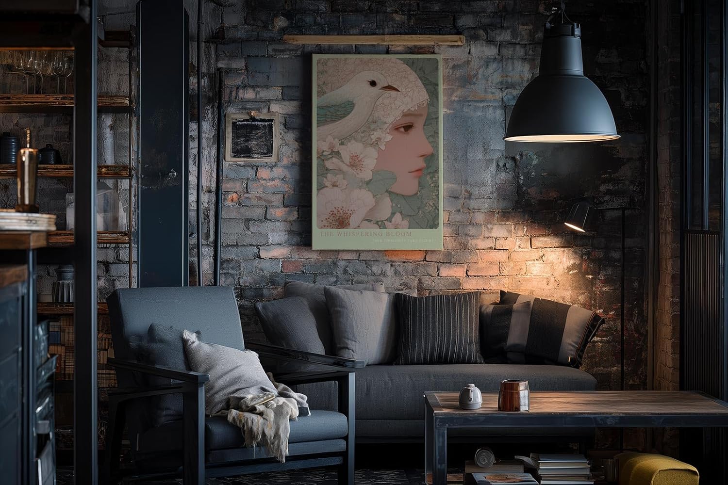 Paul Sinus Wandbild in 40x60cm The Whispering Bloom – Fein gezeichnetes Porträt mit floralen Linienmustern und Vogel in sanfter Farbigkeit