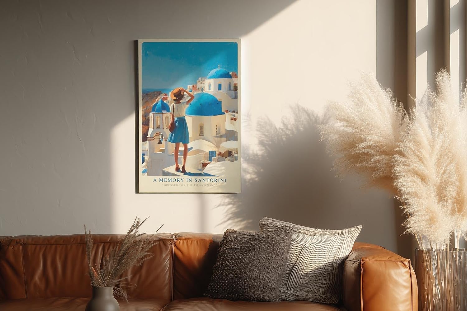 Paul Sinus Wandbild in 40x60cm A Memory in Santorini – Frau in blauem Rock und Strohhut vor weißen Häusern und blauen Kuppeln, sonnige Mittelmeeridylle