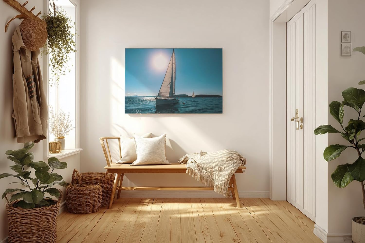 Sinus Art Wandbild 120x80cm Friedvolle Szene eines Segelboots unter blauem Himmel mit strahlendem Sonnenschein