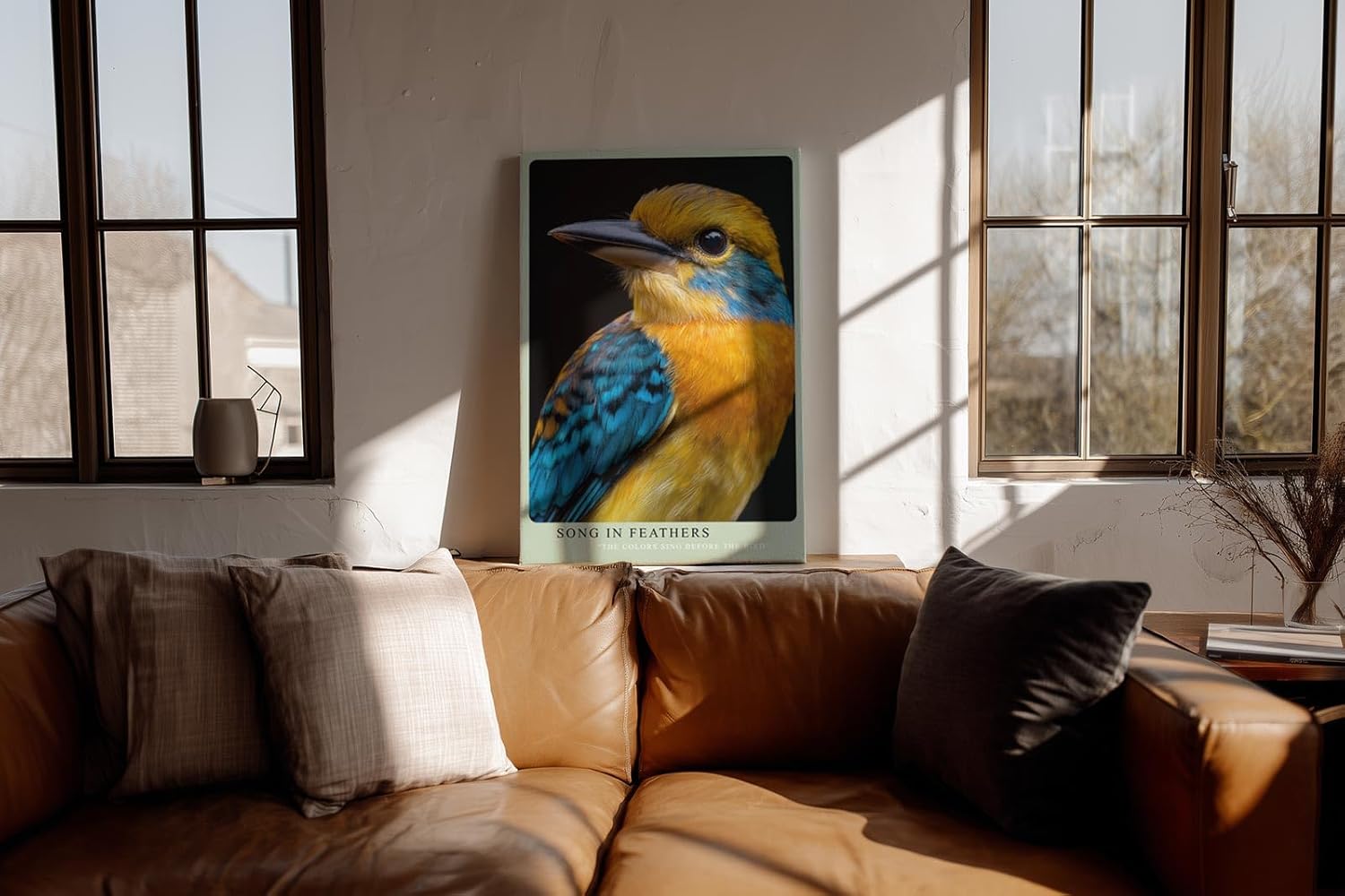 Paul Sinus Wandbild in 40x60cm Song in Feathers – farbenfrohes Vogelporträt in harmonischen Blauund Gelbtönen für stilvolle Raumgestaltung