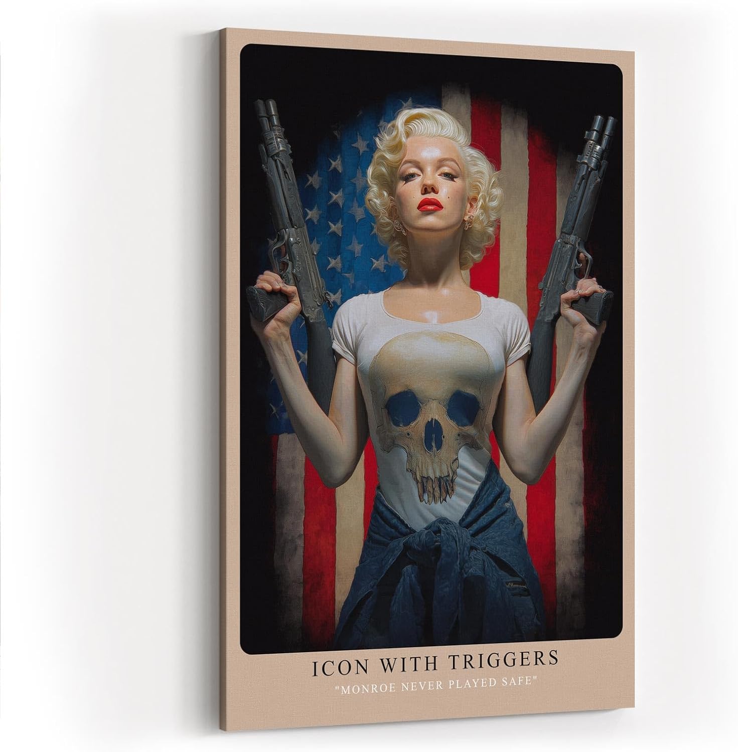 Paul Sinus Wandbild in 40x60cm Marilyn Monroe mit Gewehren vor US-Flagge – provokantes Pop-Art-Motiv mit rebellischem Glamour