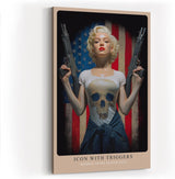 Paul Sinus Wandbild in 40x60cm Marilyn Monroe mit Gewehren vor US-Flagge – provokantes Pop-Art-Motiv mit rebellischem Glamour