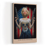 Paul Sinus Wandbild in 40x60cm Marilyn Monroe mit Gewehren vor US-Flagge – provokantes Pop-Art-Motiv mit rebellischem Glamour