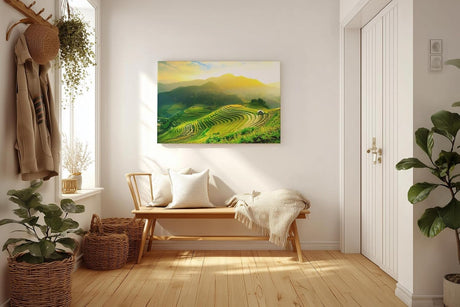 Sinus Art Wandbild 120x80cm Leuchtende Reisterrassen in der Morgensonne vor sanftem Bergpanorama