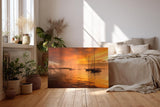 Sinus Art Wandbild 120x80cm Silhouetten von Segelbooten im warmen Abendlicht – maritimes Motiv voller Ruhe und Tiefe