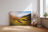 Sinus Art Wandbild 120x80cm Grüne Hügel unter strahlender Sonne mit leuchtenden Bäumen und weiter Perspektive