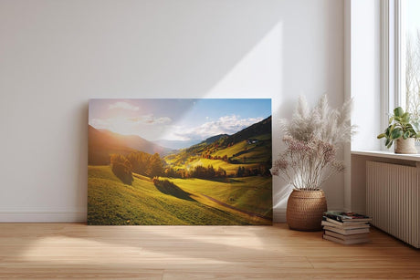 Sinus Art Wandbild 120x80cm Grüne Hügel unter strahlender Sonne mit leuchtenden Bäumen und weiter Perspektive