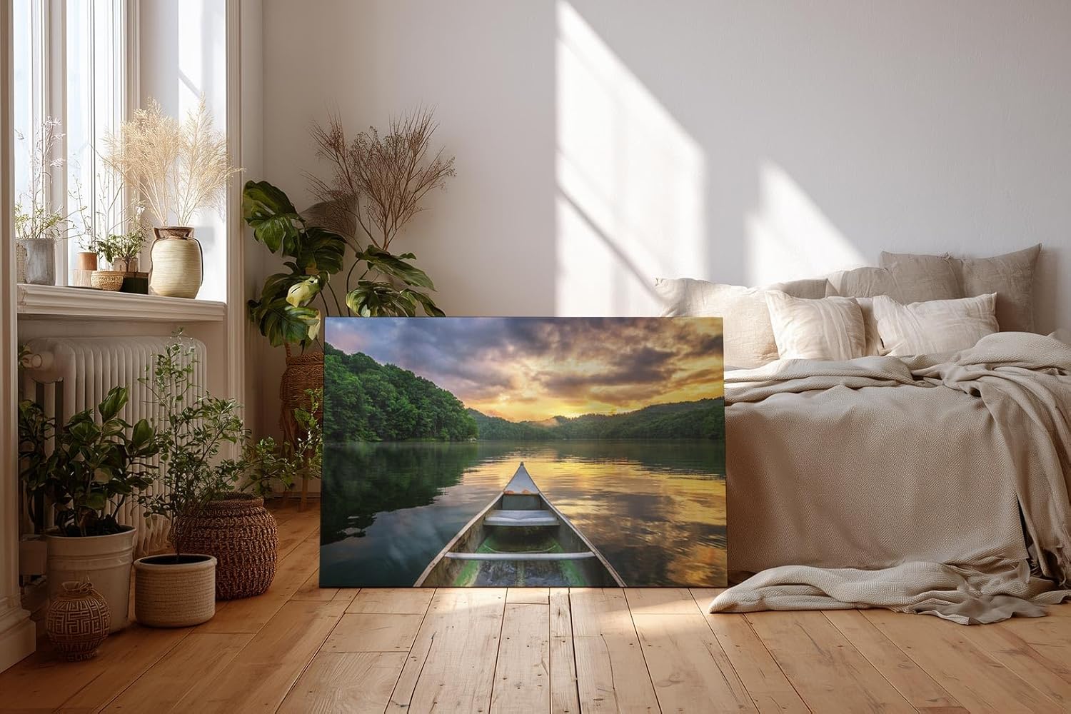 Sinus Art Wandbild 120x80cm Faszinierender Blick vom Boot über den See mit goldener Himmelsreflexion