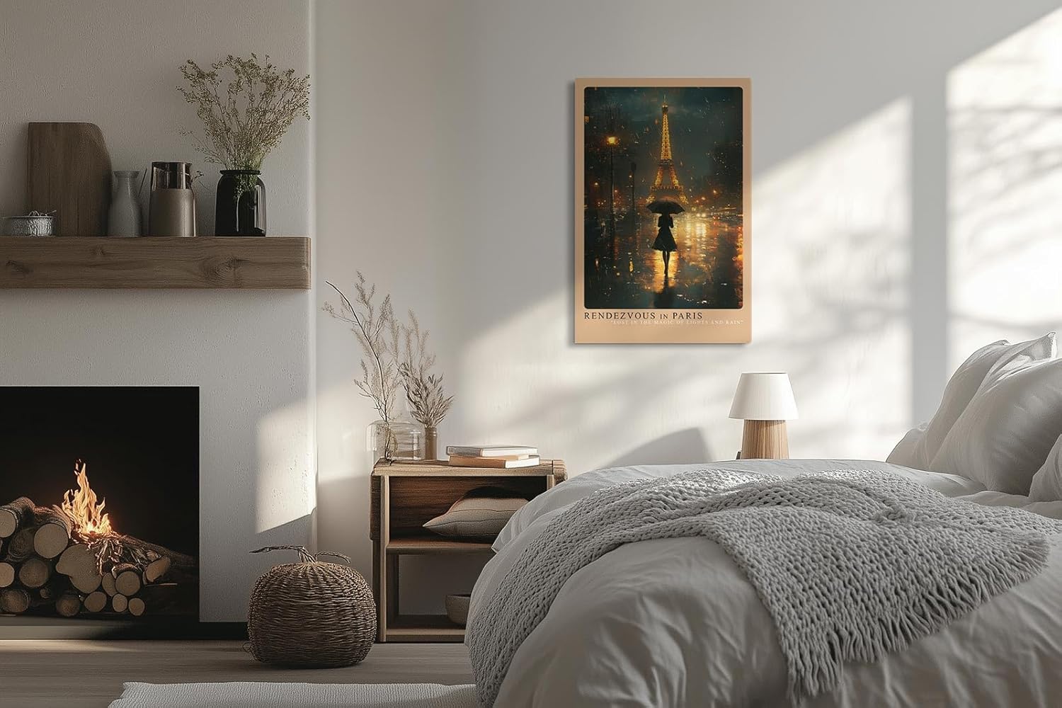 Paul Sinus Leinwandbild 60x90cm Rendezvous in Paris – Romantische Nachtaufnahme mit Eiffelturm, Regen und geheimnisvoller Frau unter einem Schirm