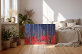Sinus Art Wandbild 120x80cm Kontrastreiches Bild mit blau-grauen Baumstämmen und leuchtend rotem Waldboden