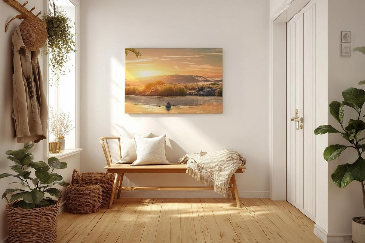 Sinus Art Wandbild 120x80cm Einzelnes Boot auf ruhigem Wasser bei Sonnenuntergang – Natur pur auf Leinwand