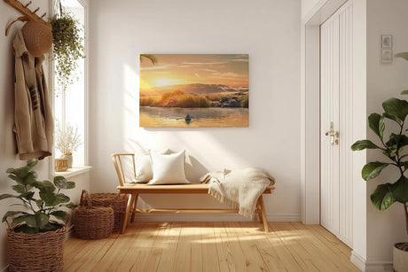 Sinus Art Wandbild 120x80cm Einzelnes Boot auf ruhigem Wasser bei Sonnenuntergang – Natur pur auf Leinwand