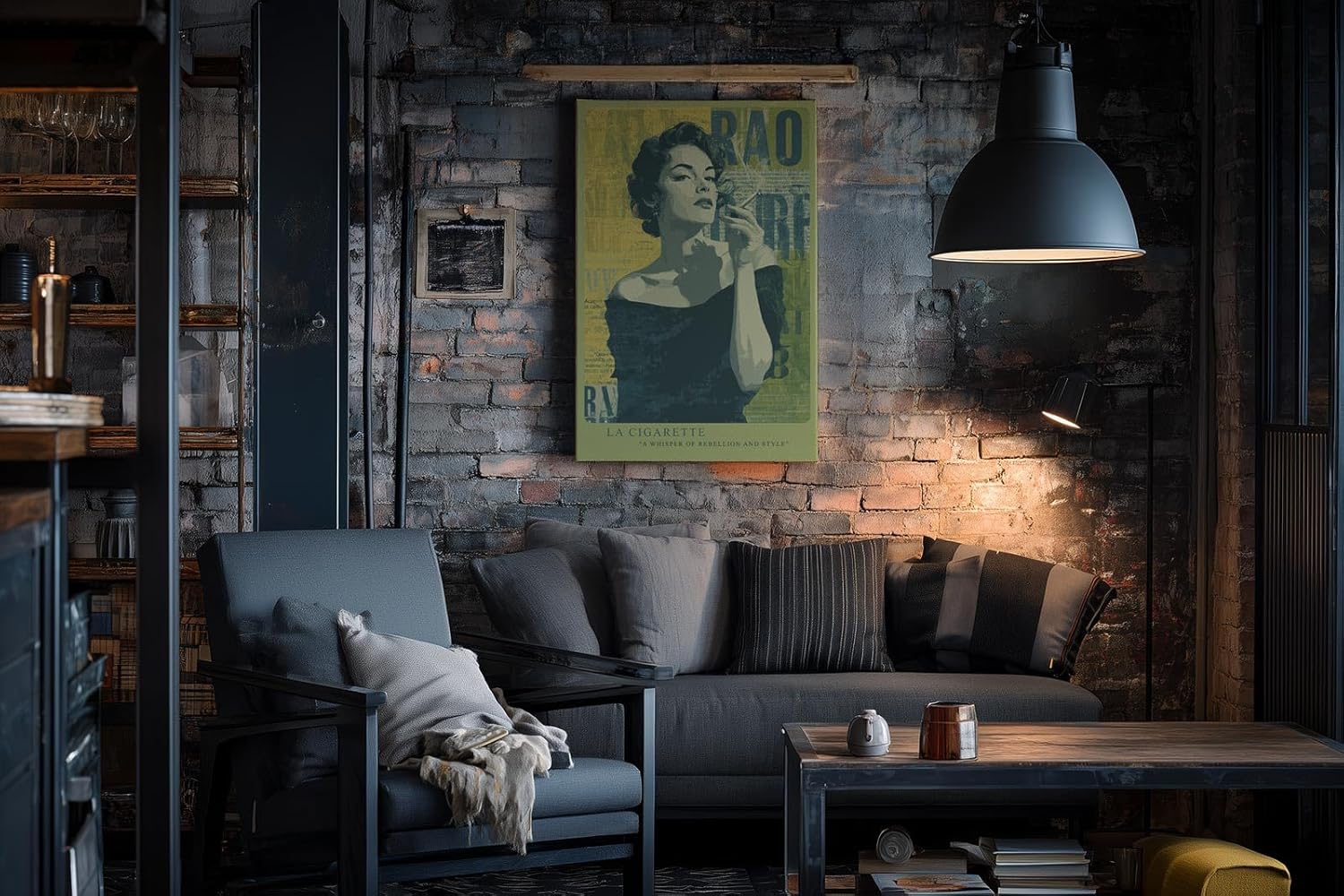 Paul Sinus Wandbild in 40x60cm La Cigarette – elegante Frau im Retro-Stil mit Zigarette, künstlerisches Porträt in Grüntönen
