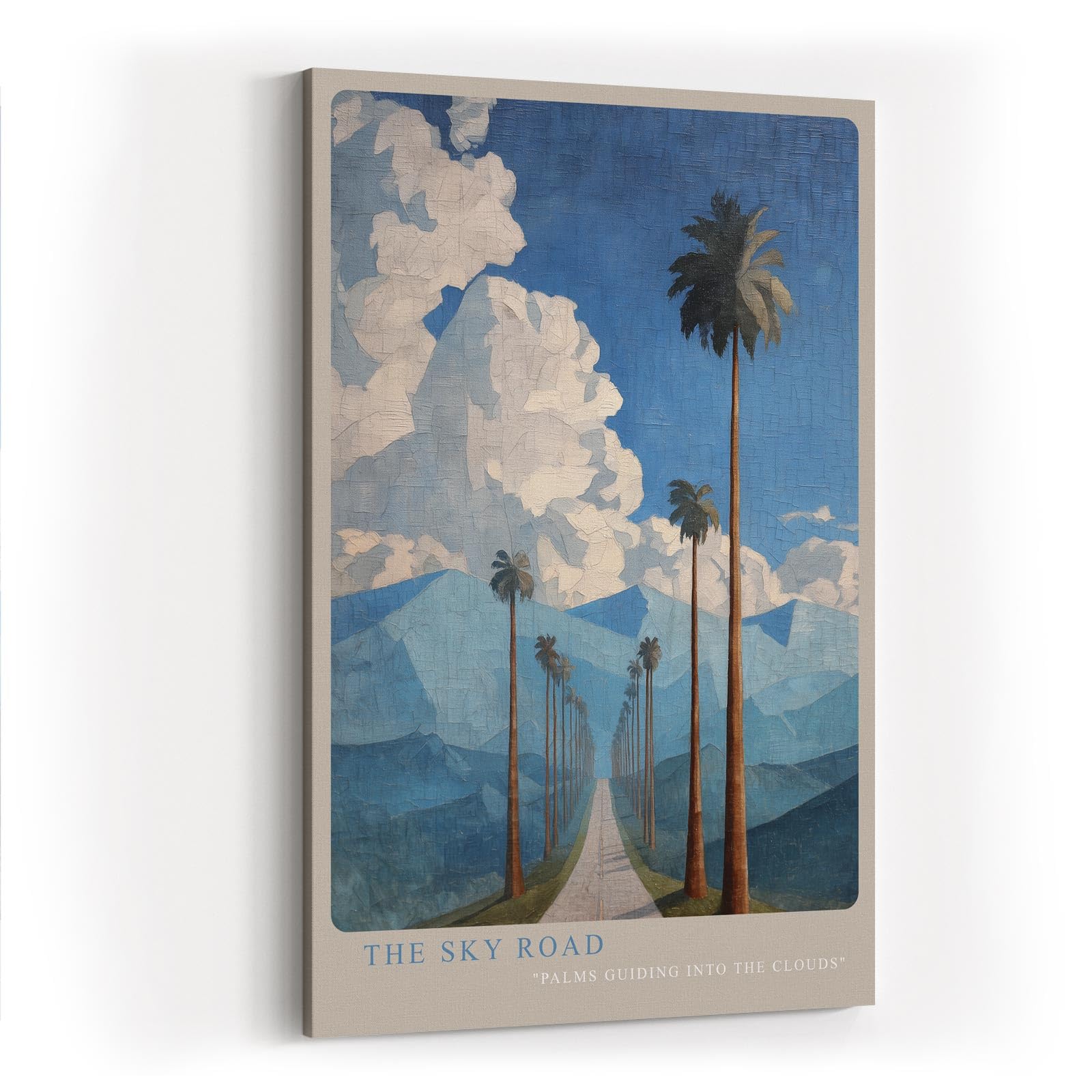 Paul Sinus Wandbild in 40x60cm The Sky Road mit Palmenallee und dramatischem Wolkenhimmel vor blauen Bergen für eindrucksvolle Wandgestaltung