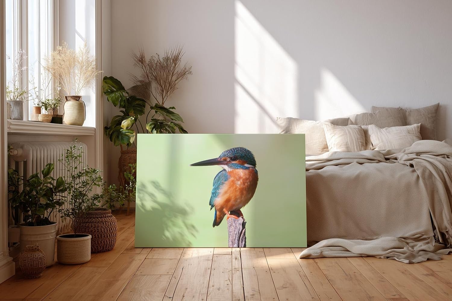 Sinus Art Wandbild 120x80cm Leuchtend blauer Eisvogel auf Ast vor ruhigem Hintergrund – naturgetreue Darstellung
