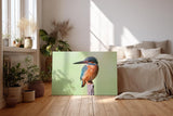 Sinus Art Wandbild 120x80cm Leuchtend blauer Eisvogel auf Ast vor ruhigem Hintergrund – naturgetreue Darstellung