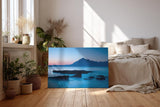 Sinus Art Wandbild 120x80cm Ruhige Bergsilhouette im Dämmerlicht mit glatter Wasseroberfläche in Blautönen