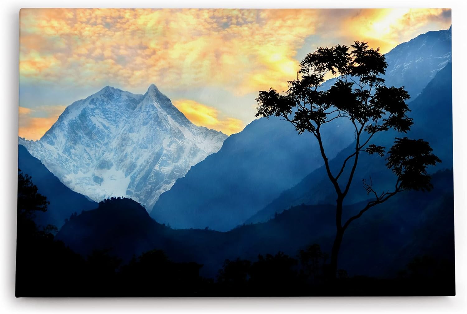 Paul Sinus Wandbild 120x80cm Einsamer Baum Himalaja Berg Berggipfel Schneegipfel Blau