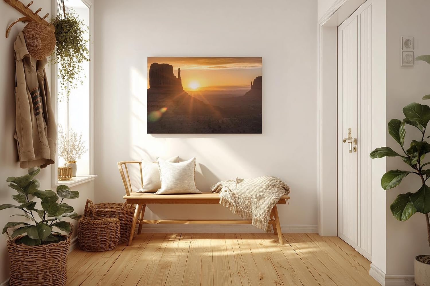 Sinus Art Wandbild 120x80cm Dramatische Landschaft mit Felsformationen im Gegenlicht der aufgehenden Sonne erzeugt Weite und Ruhe
