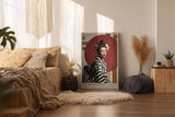 Paul Sinus Wandbild in 40x60cm Red Sun Elegance Porträt einer Frau im gestreiften Kimono vor rotem Kreis mit floralen Haarakzenten für elegante Raumgestaltung