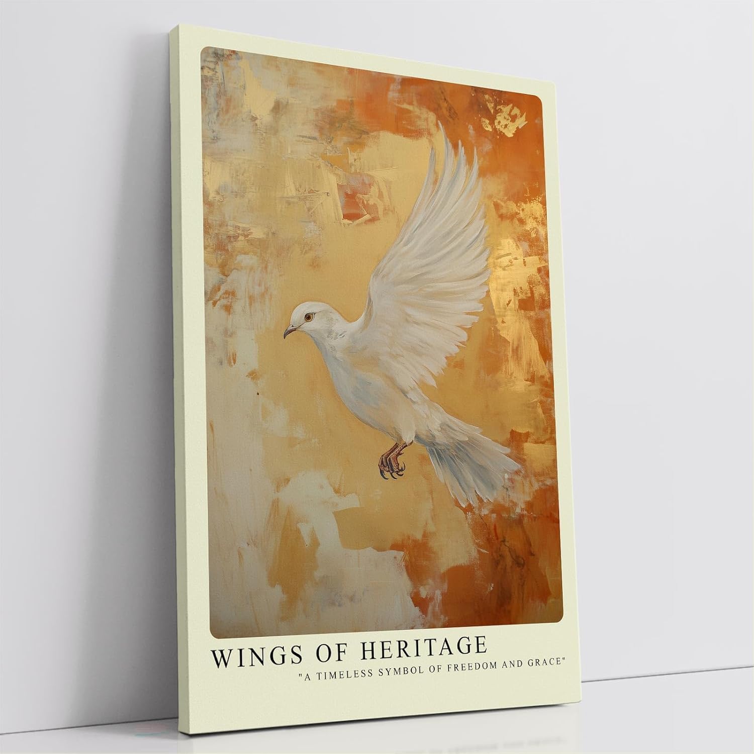 Paul Sinus Leinwandbild 40x60cm Flügel des Erbes – Symbolische weiße Taube im Flug mit goldenem Hintergrund und ausdrucksstarker Eleganz