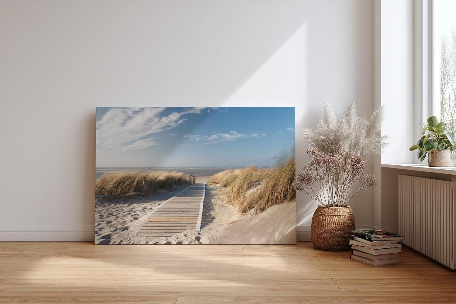 Sinus Art Wandbild 120x80cm Idyllischer Holzsteg durch Dünenlandschaft unter blauem Himmel bis zum Meer