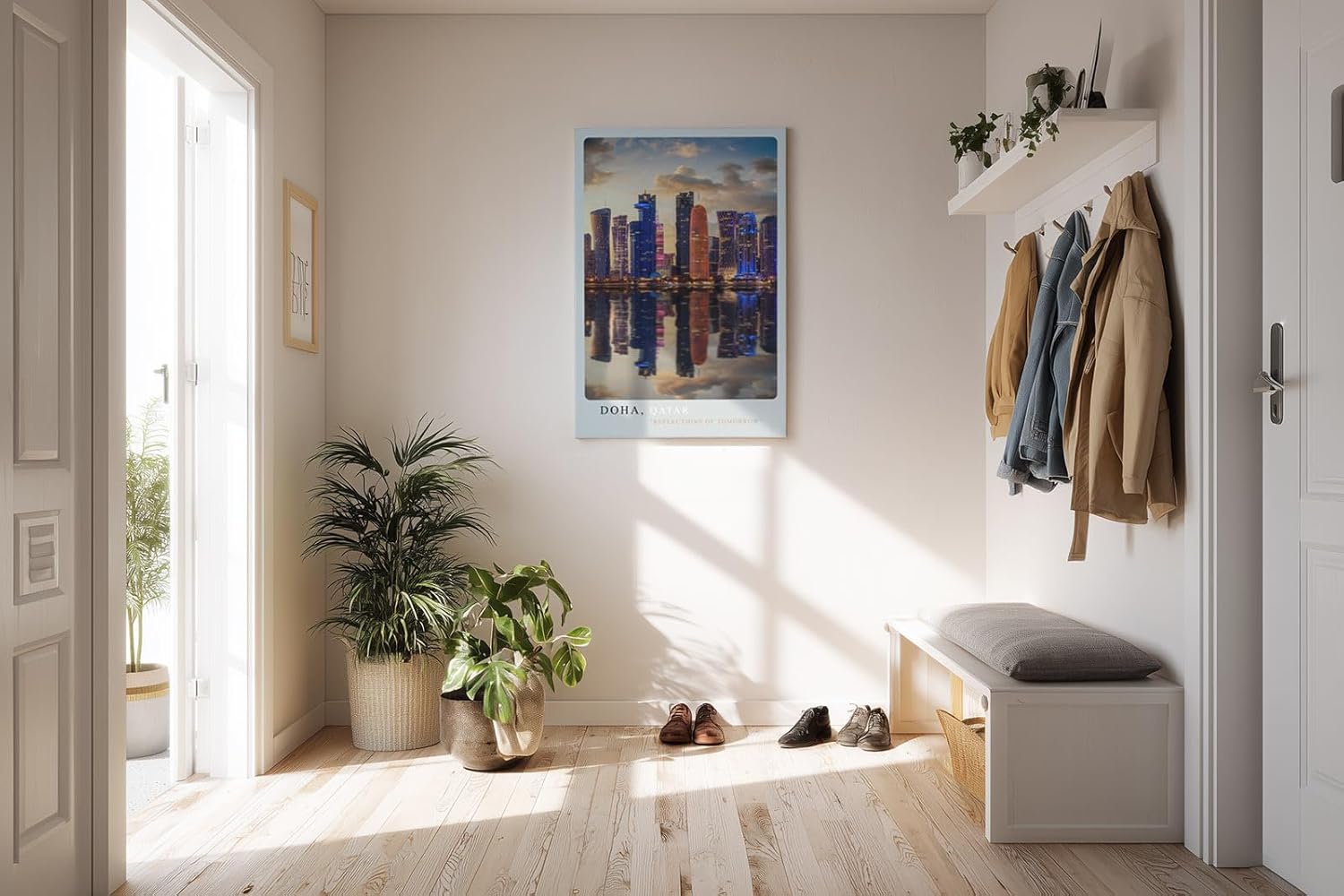 Paul Sinus Kunstdruck 40x60cm Doha Katar – moderne Skyline mit Spiegelung im Wasser bei Abendlicht