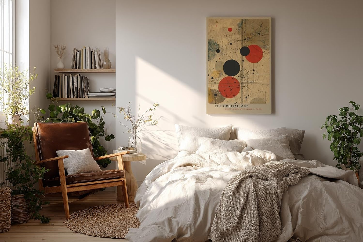Paul Sinus Wandbild in 40x60cm The Orbital Map – Abstraktes Spiel aus roten und schwarzen Kreisen auf beigem Hintergrund mit feinen Linien wie unsichtbare Kräfte