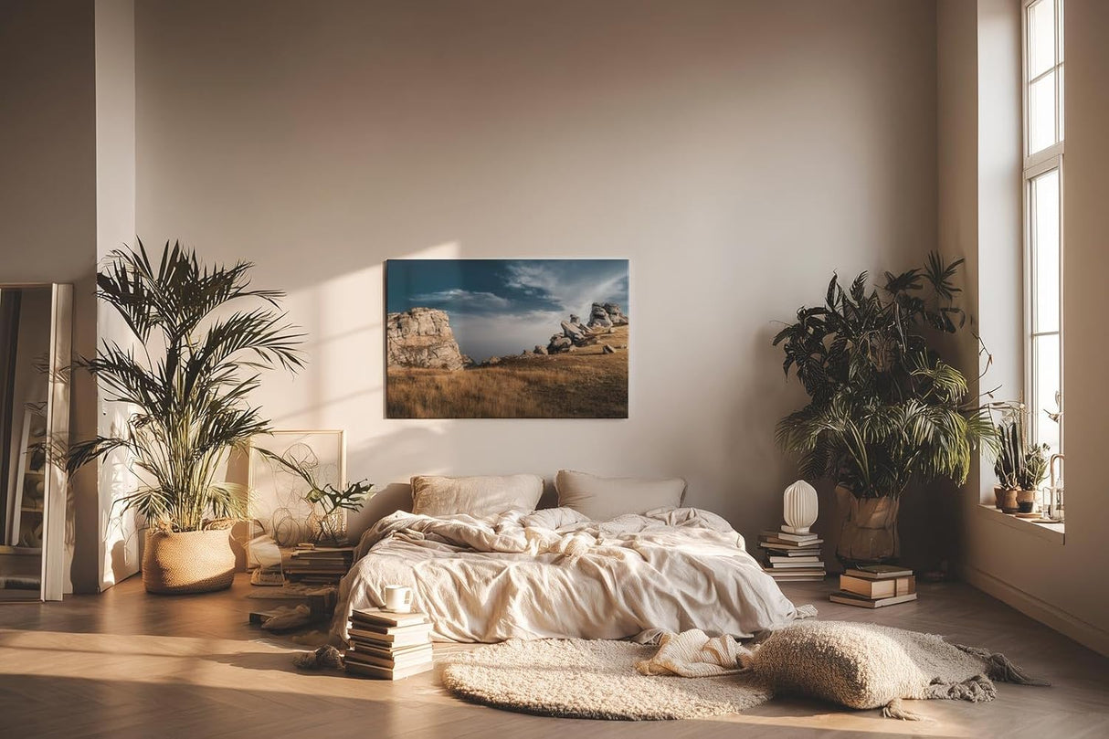 Sinus Art Wandbild 120x80cm Markante Felsformationen unter blauem Himmel in dramatischer Weite