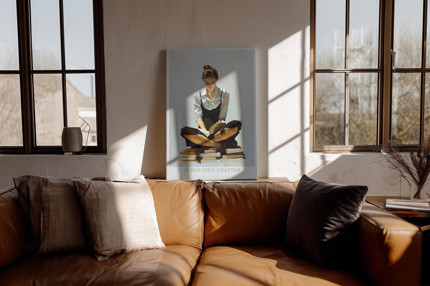 Paul Sinus Wandbild in 40x60cm In Her Own Chapter – Ausdrucksstarkes Porträt einer jungen Frau, auf Bücherstapeln sitzend und lesend, moderne Bilder mit klaren Linien und warmen Akzenten
