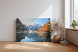 Sinus Art Wandbild 120x80cm Spiegelglatter See vor verschneiten Bergen und herbstlich gefärbtem Wald