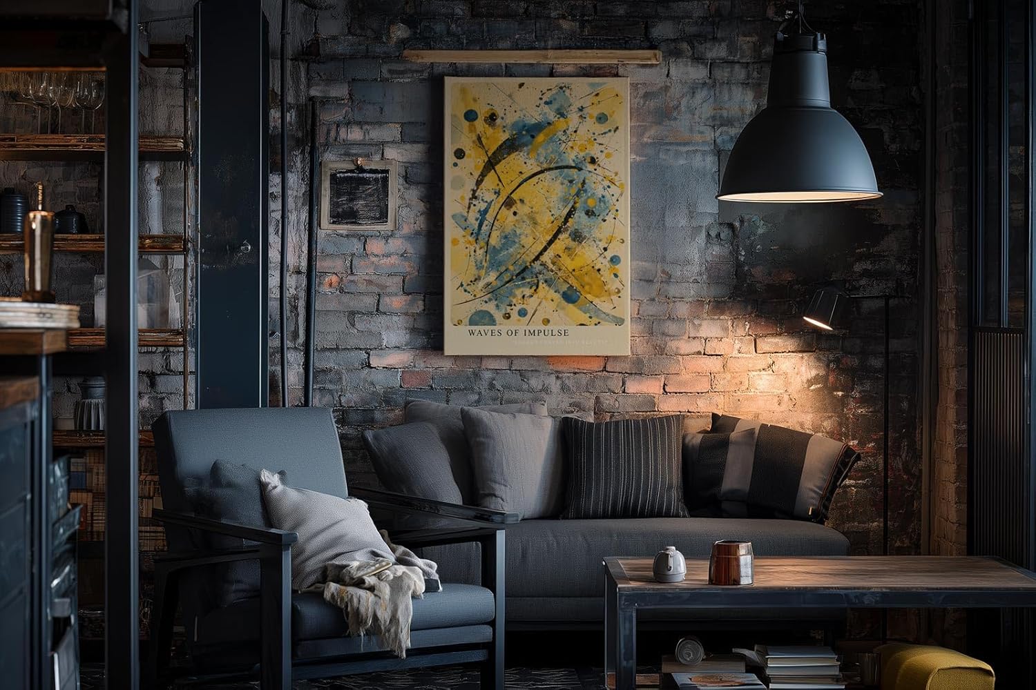 Paul Sinus Wandbild in 40x60cm Waves of Impulse – Dynamisches abstraktes Kunstwerk in Blau, Gelb und Schwarz