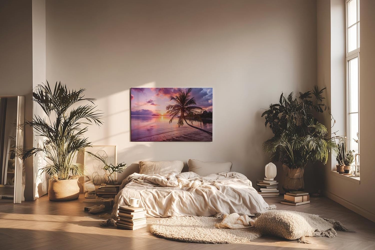 Sinus Art Wandbild 120x80cm Strandmotiv mit Sonnenuntergang und Palme vermittelt Urlaubsstimmung und Harmonie