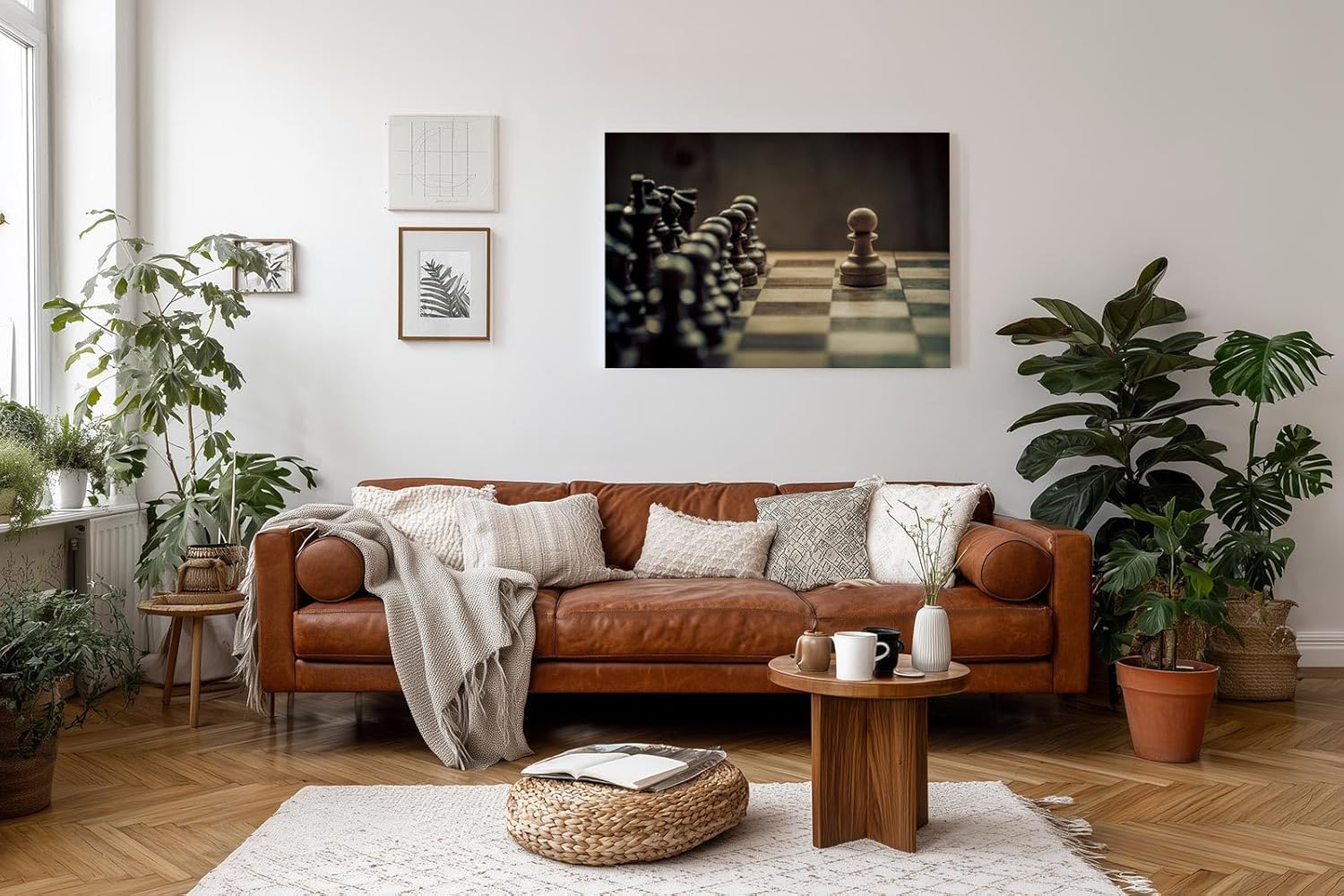 Sinus Art Wandbild 120x80cm Ausdrucksstarke Schachszene mit Fokus auf den einzelnen Bauern als Symbol für Mut und Entscheidungskraft