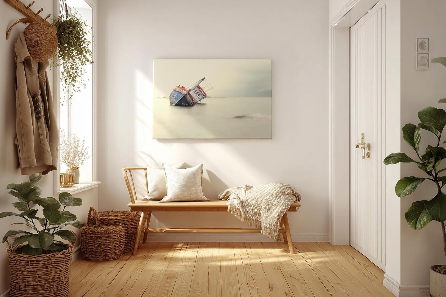 Sinus Art Wandbild 120x80cm Die Szene eines gekippten Bootes auf ruhiger Wasserfläche wirkt melancholisch und meditativ zugleich
