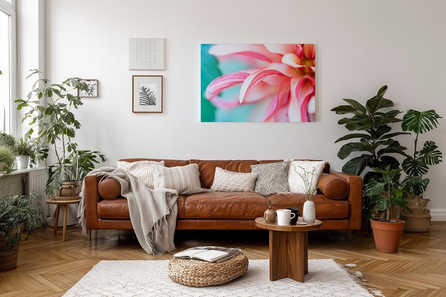 Sinus Art Wandbild 120x80cm Detailreiche Nahaufnahme einer rosafarbenen Dahlie mit geschwungenen Blütenblättern