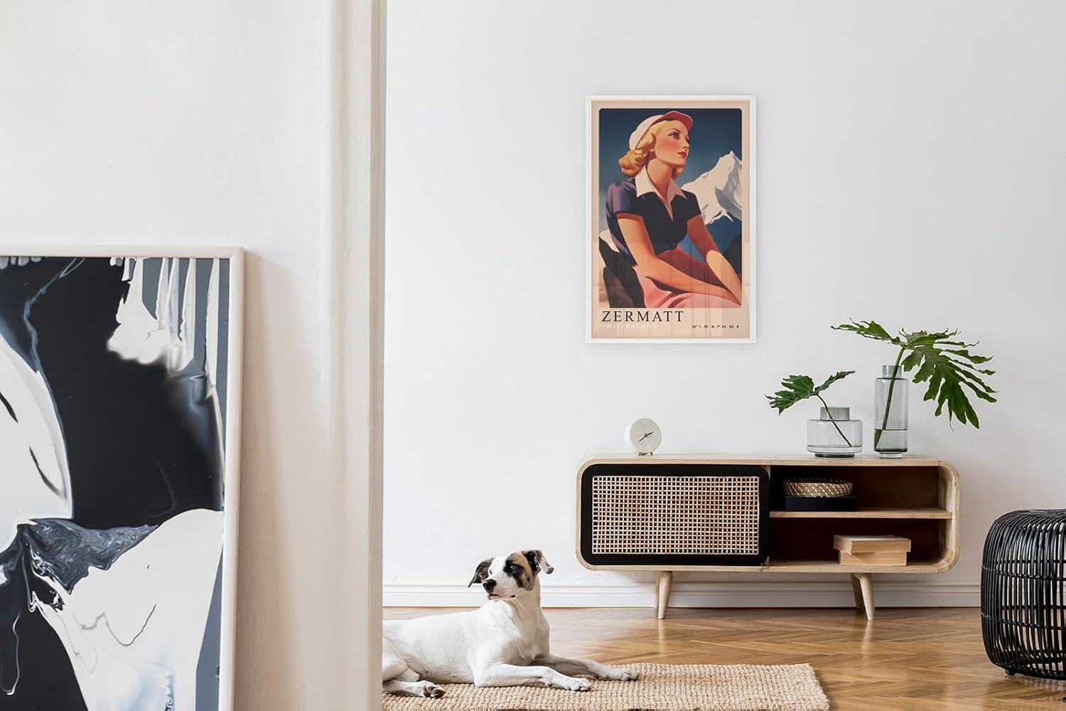 Paul Sinus Leinwandbild 80x120cm Leinwandbild Retro Lady Zermatt Alpen Vintage Reiselust Schweiz Nostalgie stilvolle Eleganz Kunstmotiv Berglandschaft