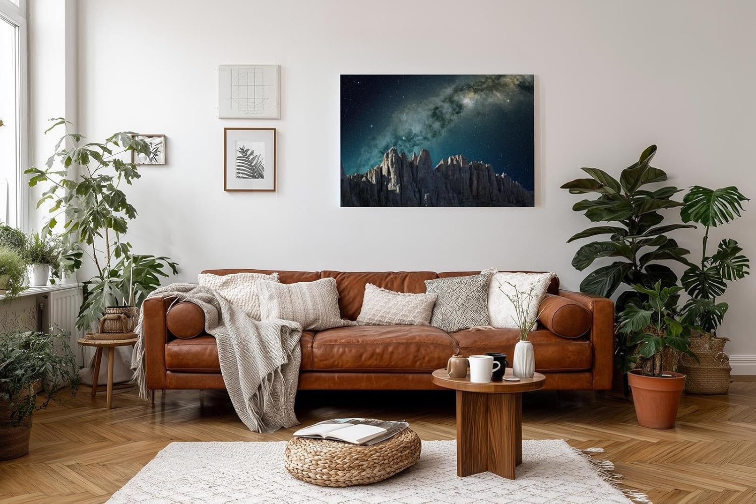 Sinus Art Wandbild 120x80cm Atemberaubendes Motiv mit Felsmassiv und galaktischem Lichtband über dunklem Himmel