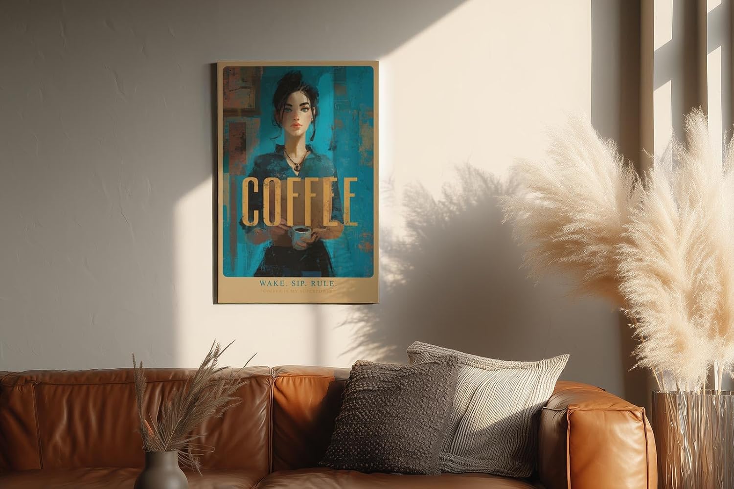 Paul Sinus Wandbild in 40x60cm Wake. Sip. Rule. – modernes Coffee-Art-Porträt in kräftigen Blautönen mit goldener Schrift
