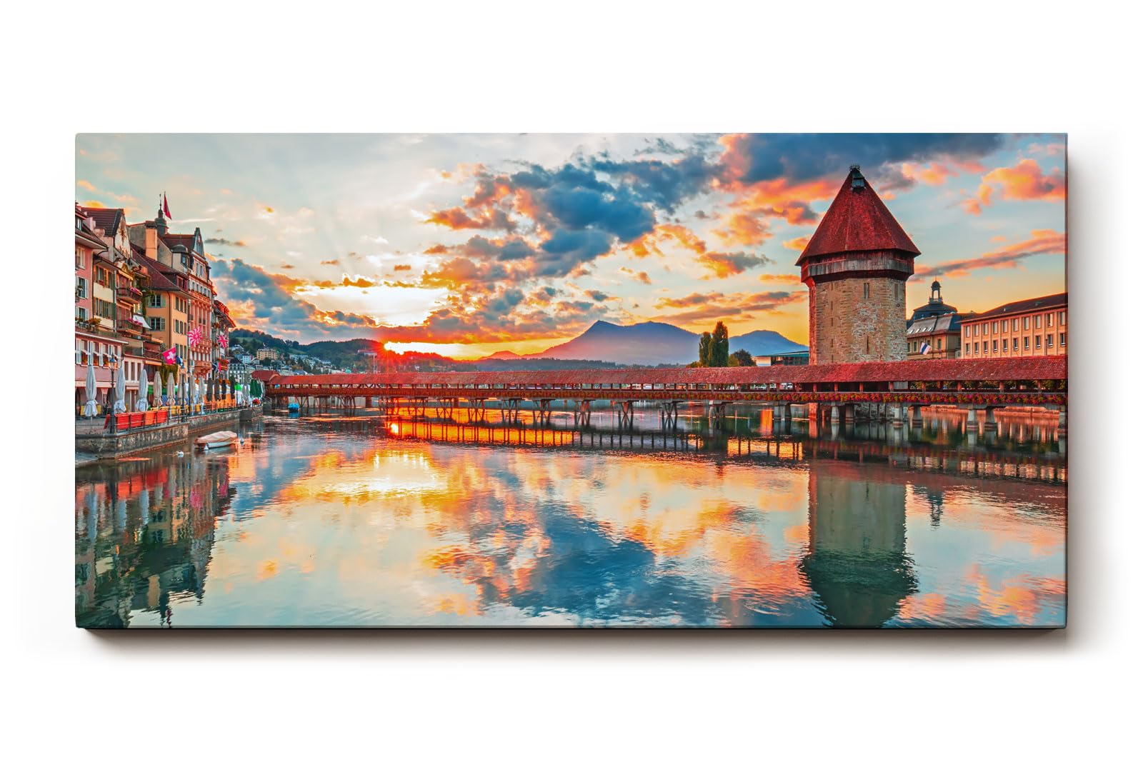 Sinus Art Wandbild 120x80cm Kapellbrücke und Wasserturm im Sonnenuntergang mit Spiegelung für atmosphärische Raumwirkung
