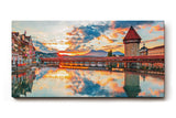 Sinus Art Wandbild 120x80cm Kapellbrücke und Wasserturm im Sonnenuntergang mit Spiegelung für atmosphärische Raumwirkung
