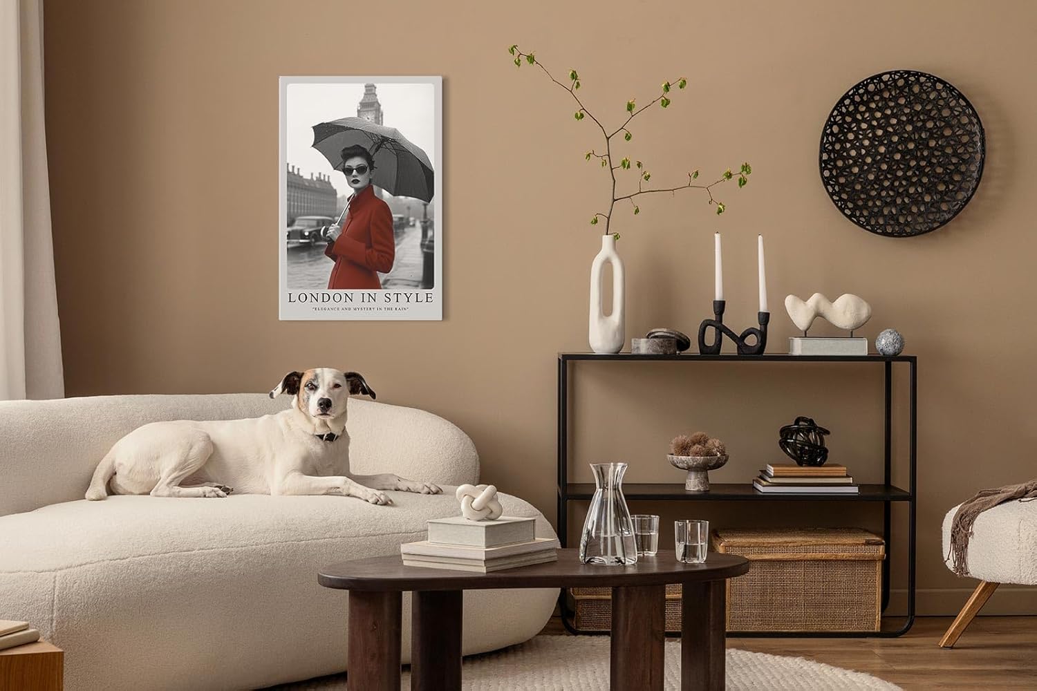 Paul Sinus Leinwandbild 40x60cm Leinwandbild London in Style – Elegante Frau mit rotem Mantel vor Big Ben, stilvolle Schwarz-Weiß-Fotografie