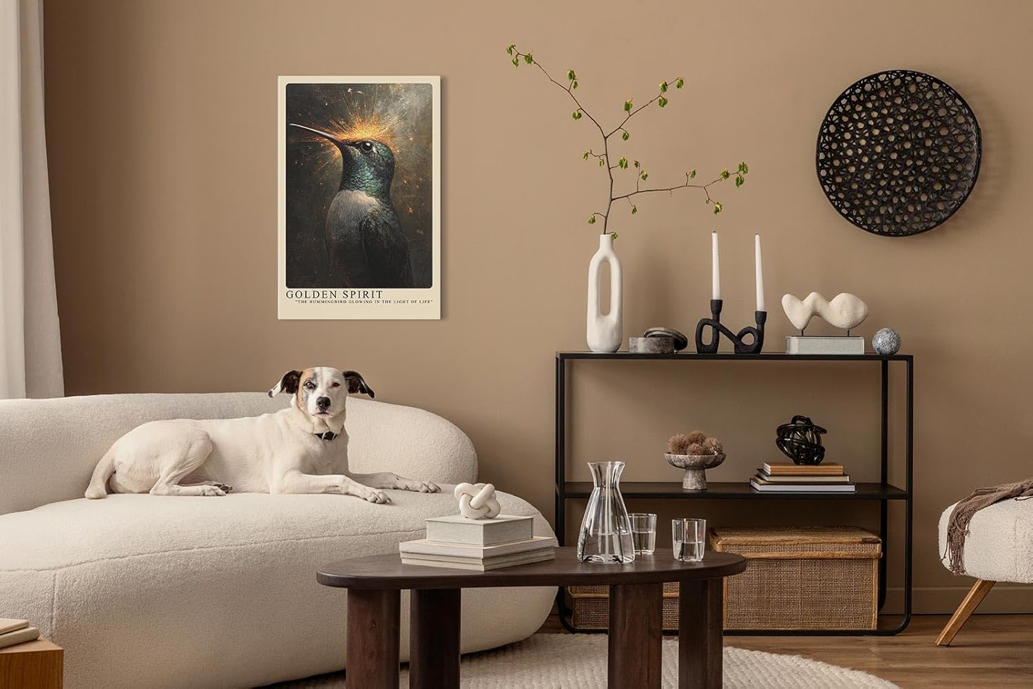 Paul Sinus Leinwandbild 60x90cm Goldener Geist – Majestätischer Kolibri mit schimmerndem Gefieder und leuchtender Aura