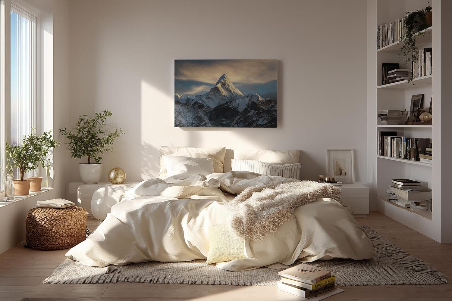 Sinus Art Wandbild 120x80cm Massiver schneebedeckter Berg ragt in dramatisches Lichtspiel – eindrucksvoll und still