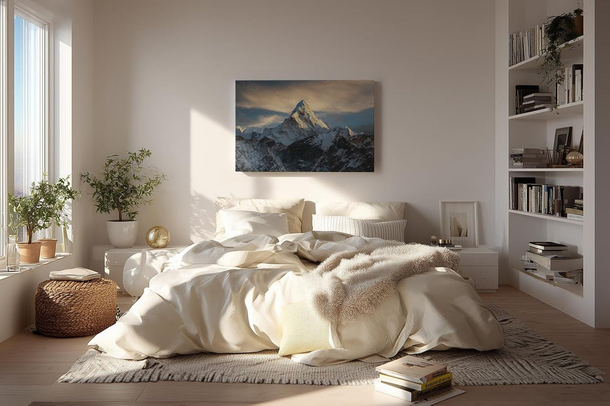 Sinus Art Wandbild 120x80cm Massiver schneebedeckter Berg ragt in dramatisches Lichtspiel – eindrucksvoll und still
