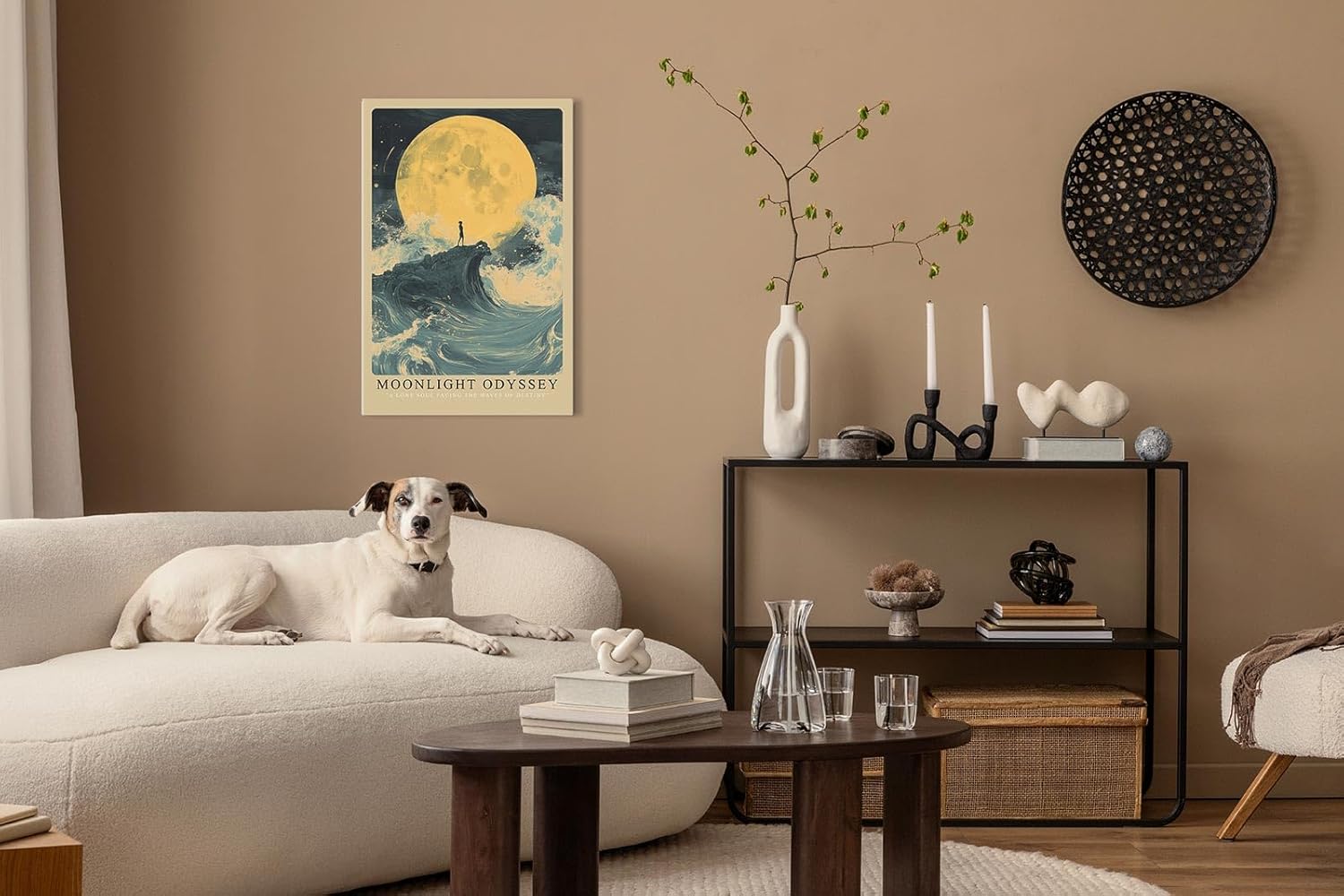 Paul Sinus Leinwandbild 80x120cm Moonlight Odyssey – Mystische Mondszene mit einsamer Silhouette auf einer Welle, umgeben von stürmischem Meer